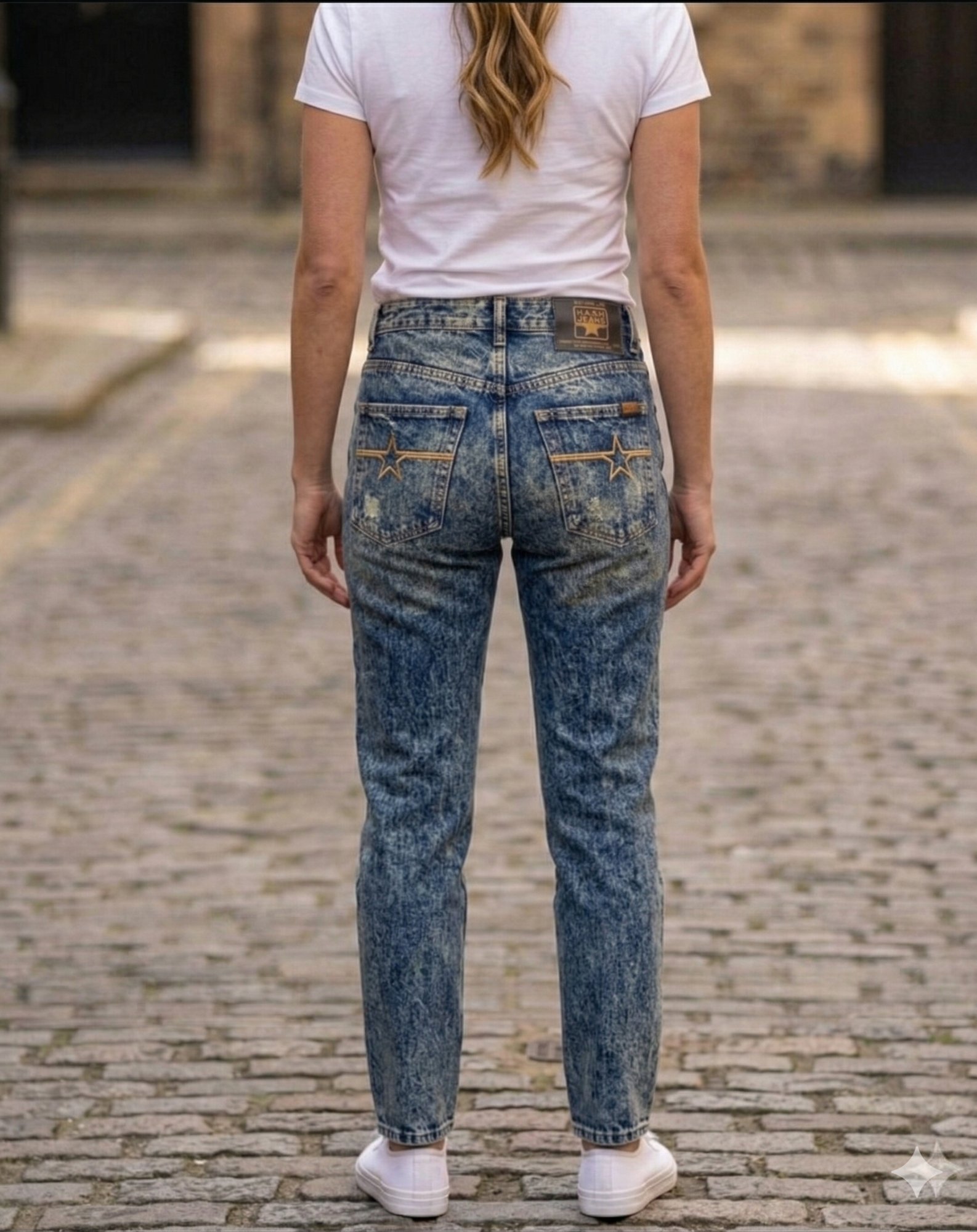 Back view on European cobblestone — gold thread stars on both pockets