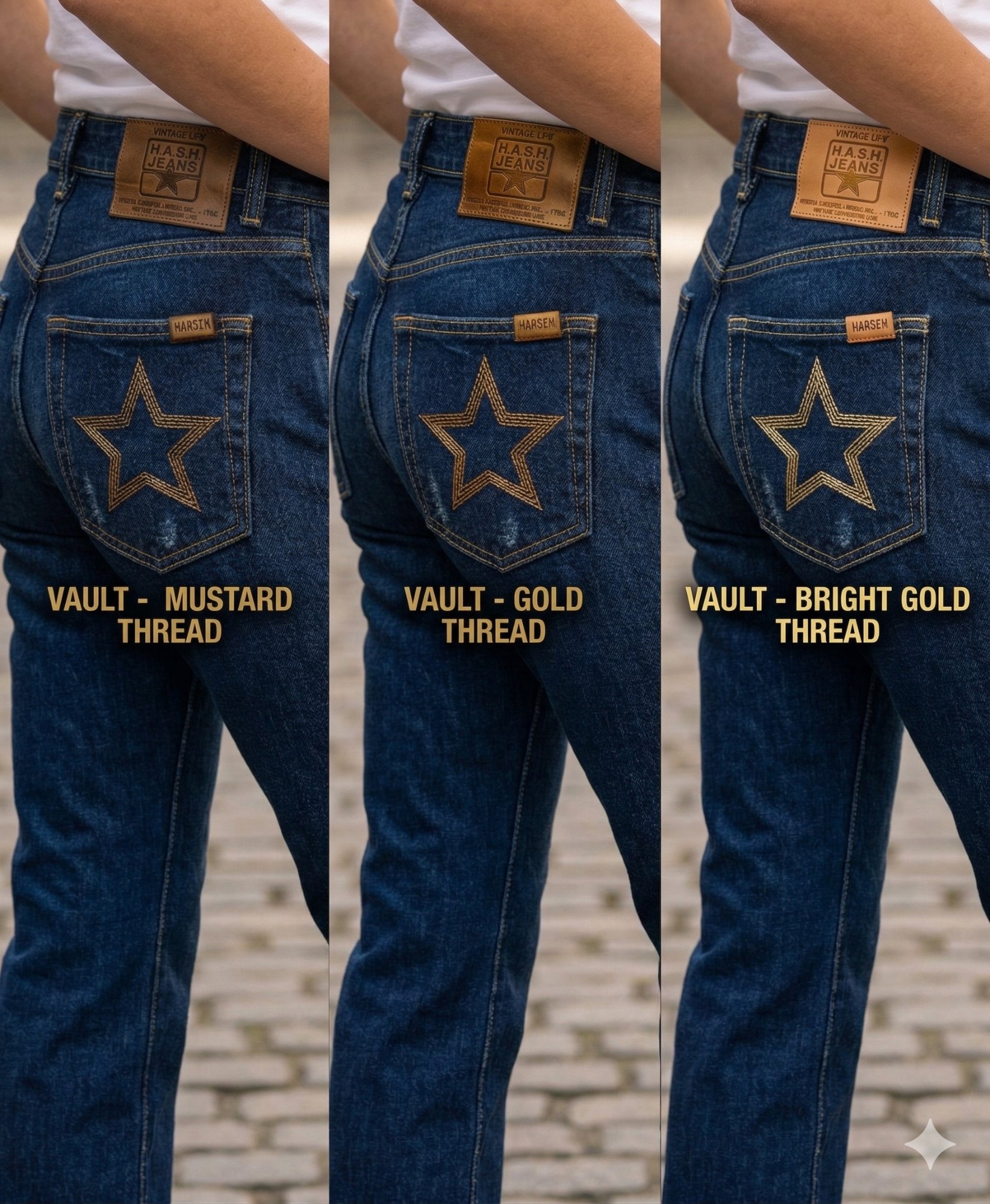 Thread color comparison — Mustard, Gold, and Bright Gold on the Vault star pocket
