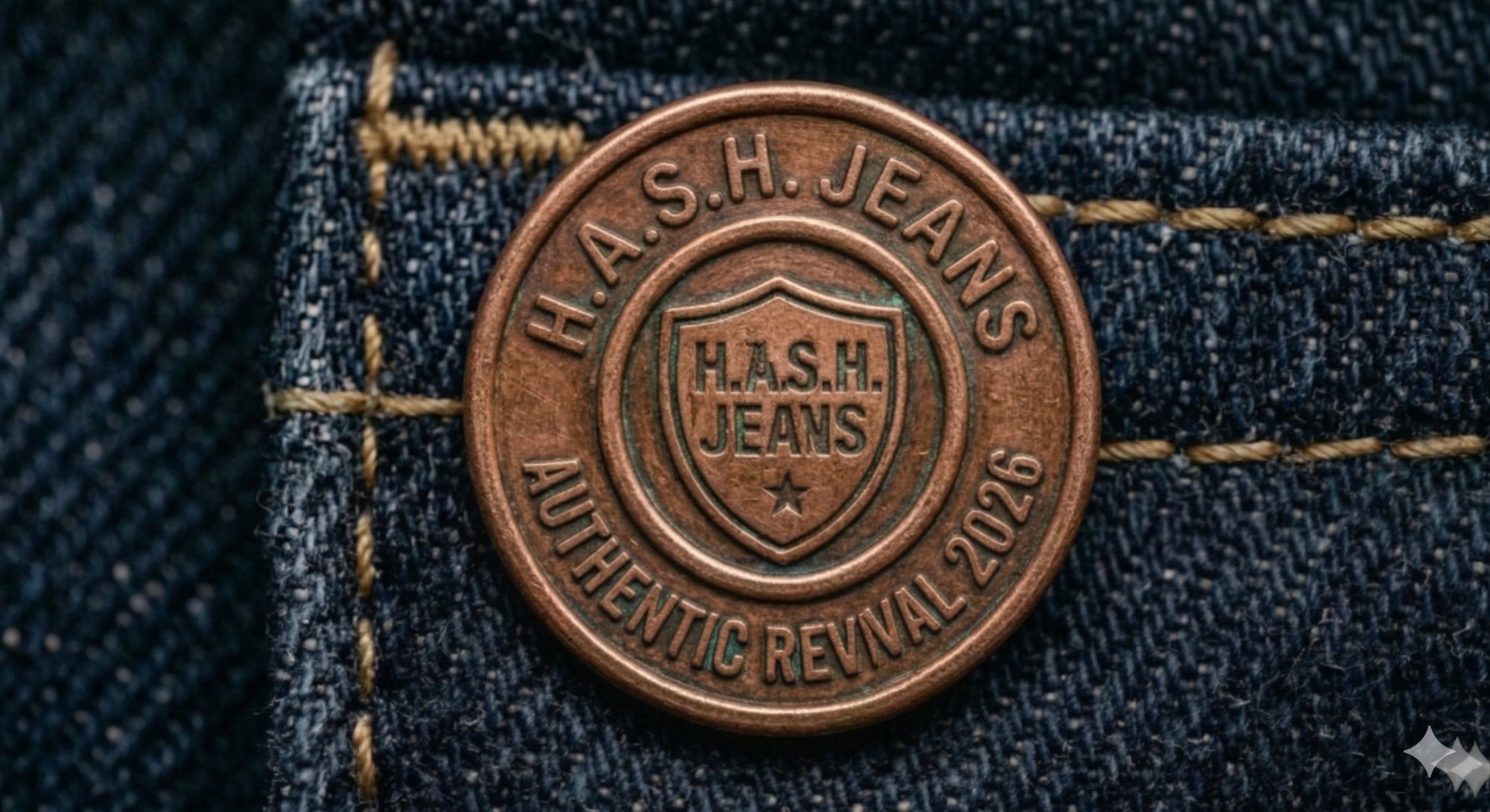 Copper button close-up with shield logo and star center