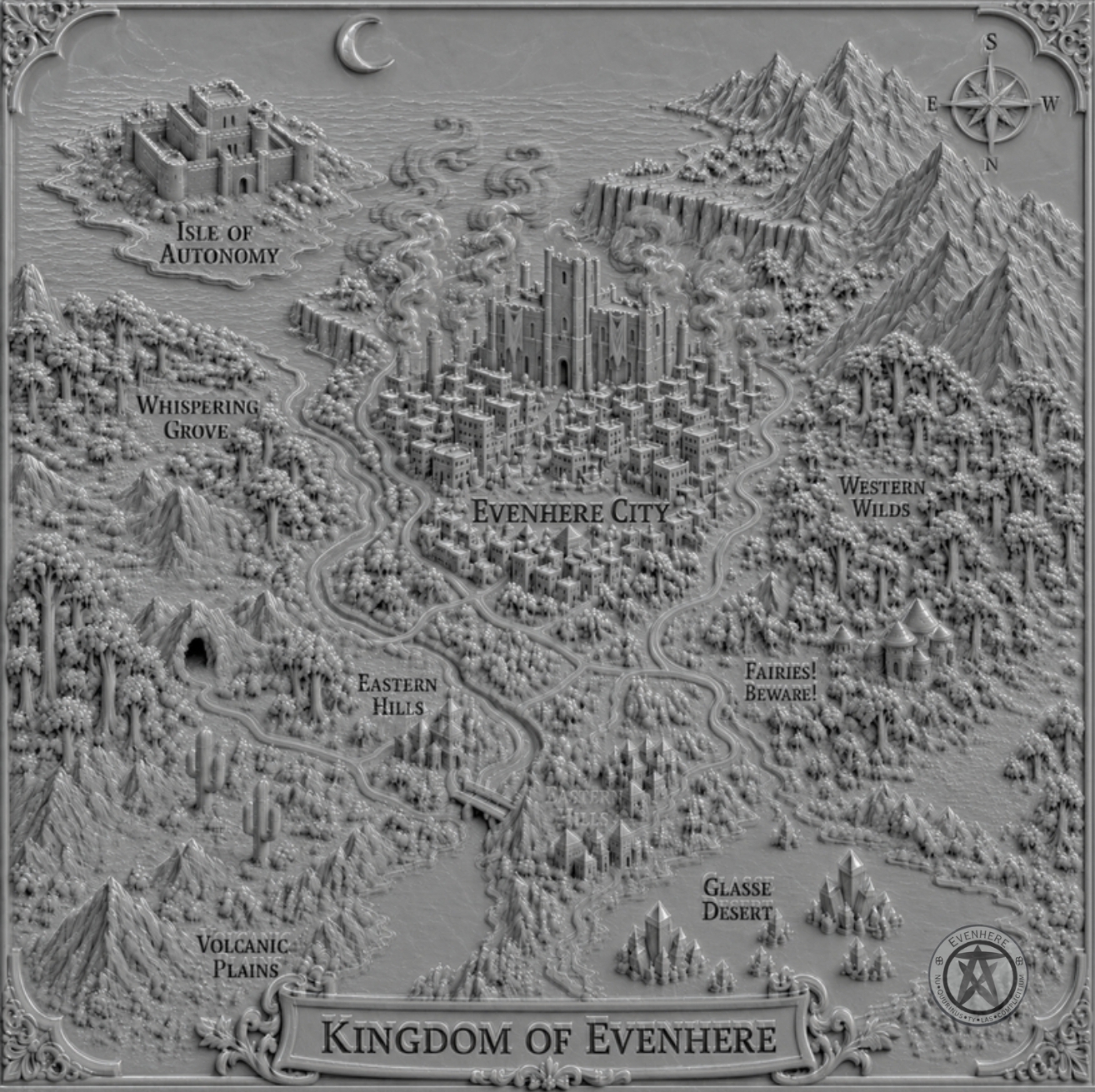 Kingdom of Evenhere — illustrated map showing Evenhere City, the Eastern Hills, the Forest, Whispering Grove, Silvarii Hollow, and the Grotto of Trust