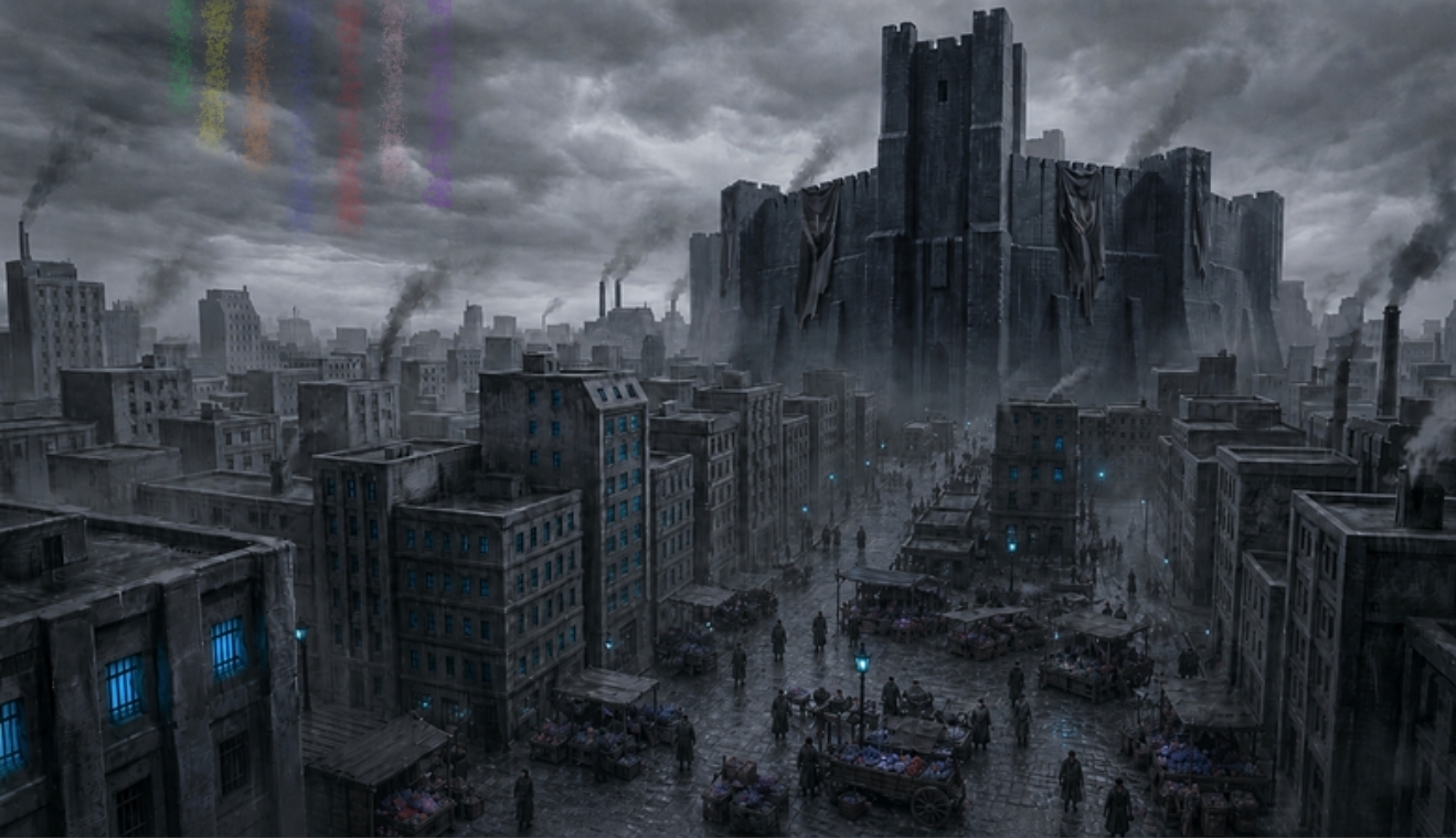 Evenhere City — concrete towers beneath a pale sky