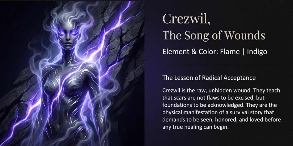 Crezwil, The Song of Wounds — Element: Flame, Color: Indigo