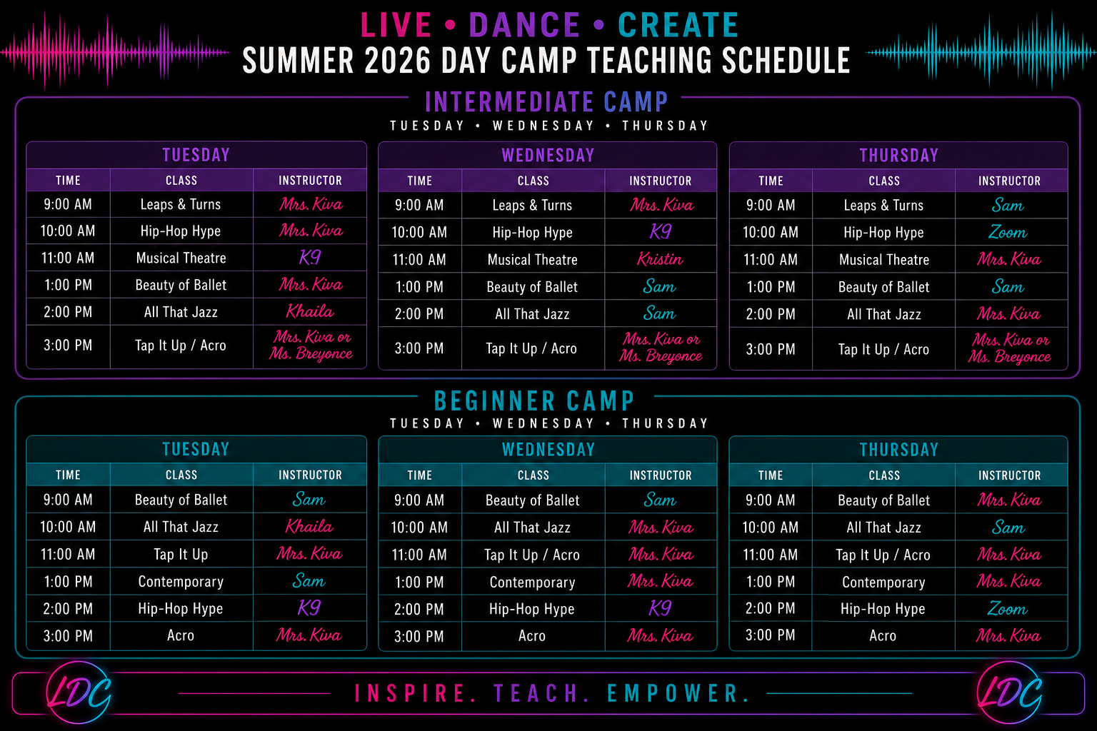Summer 2026 Day Camp Teaching Schedule — Intermediate Camp + Beginner Camp