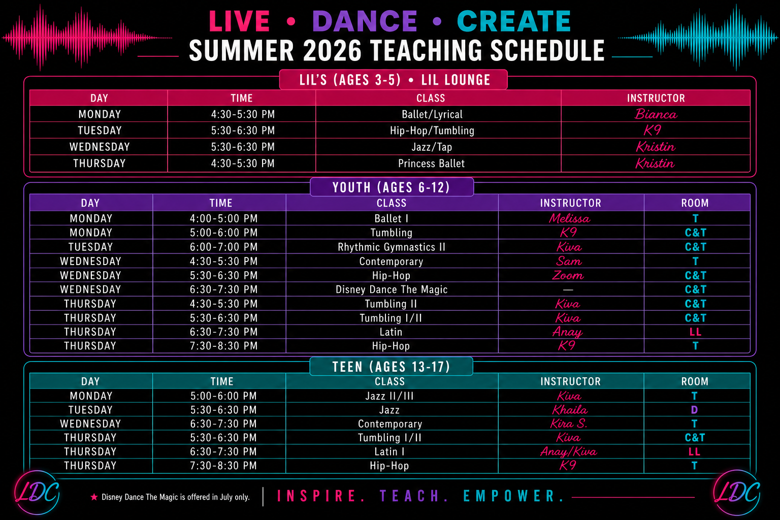 Summer 2026 Regular Classes Teaching Schedule — Lil's, Youth, Teen