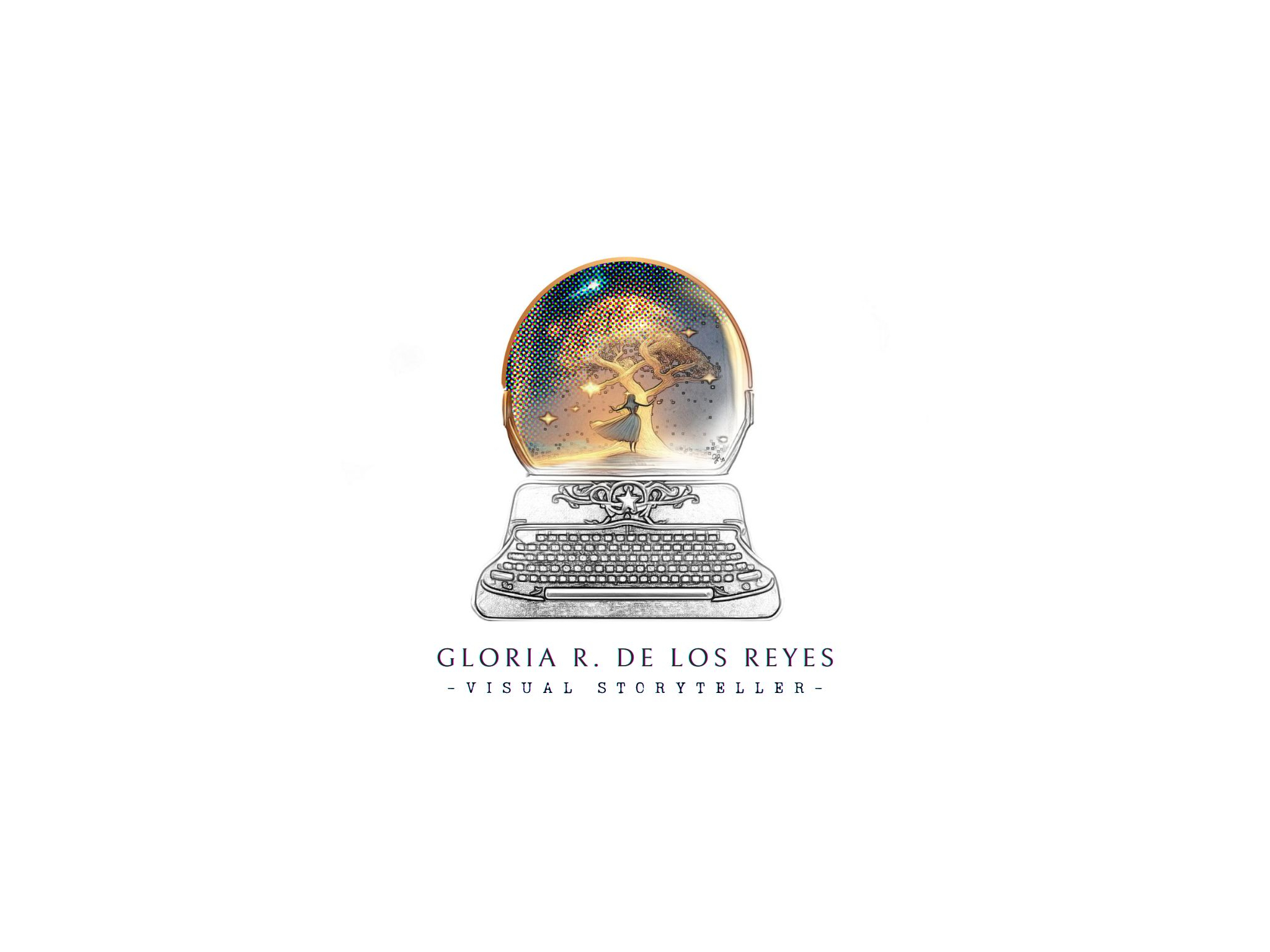 Gloria R. De Los Reyes — Visual Storyteller. Typewriter snow globe logo featuring a tree with a comet, symbolizing stories brought to life.