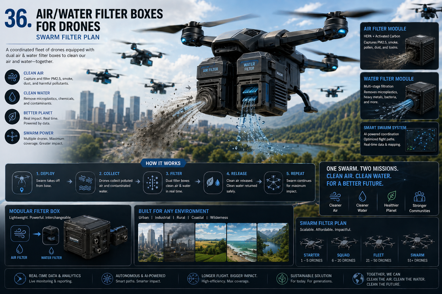 Drone Swarm Filter System — Air & Water Cleanup