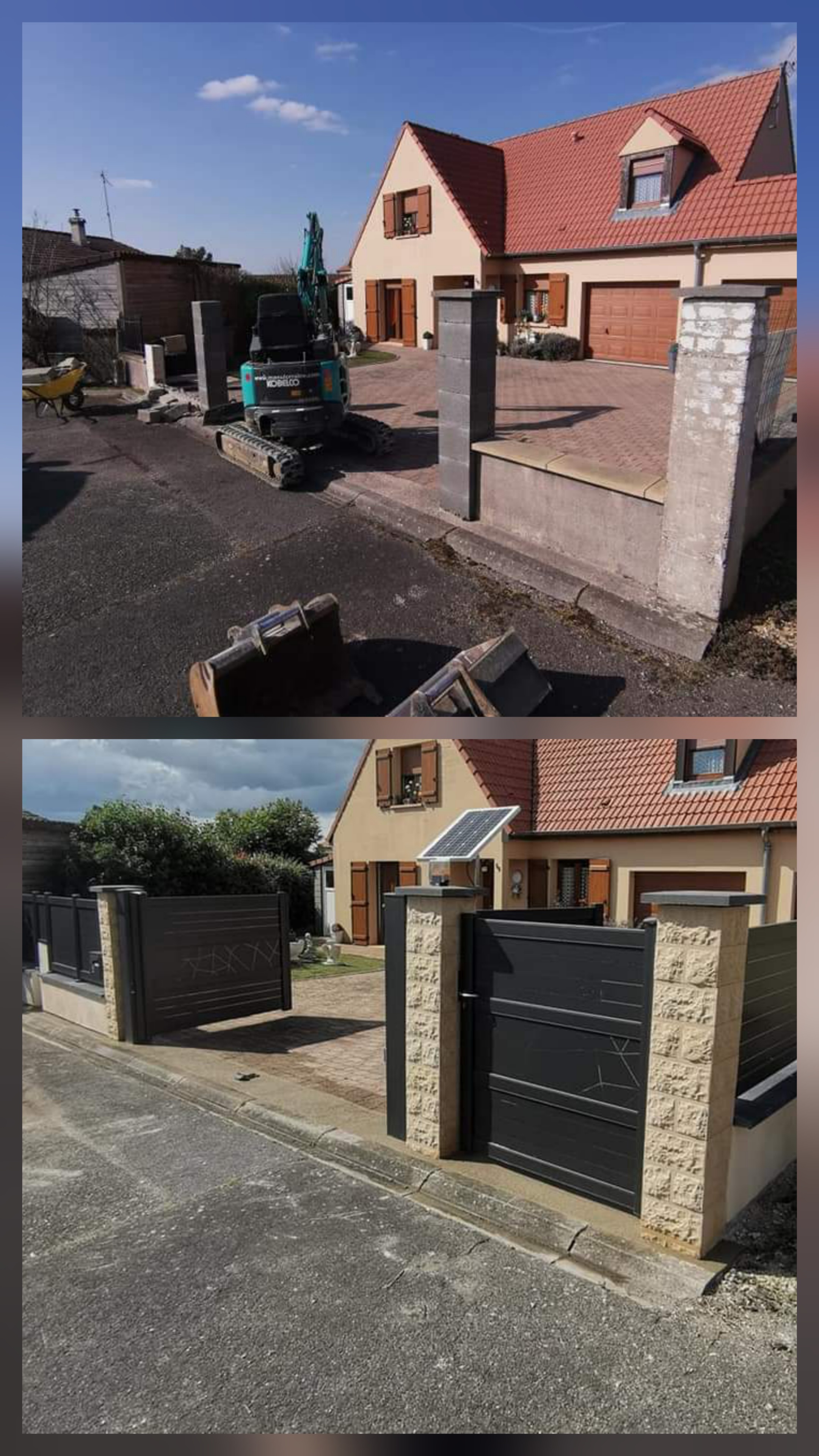 Construction piliers et portail en Lorraine - avant apres piliers pierre portail alu noir panneau solaire cloture maison lorraine