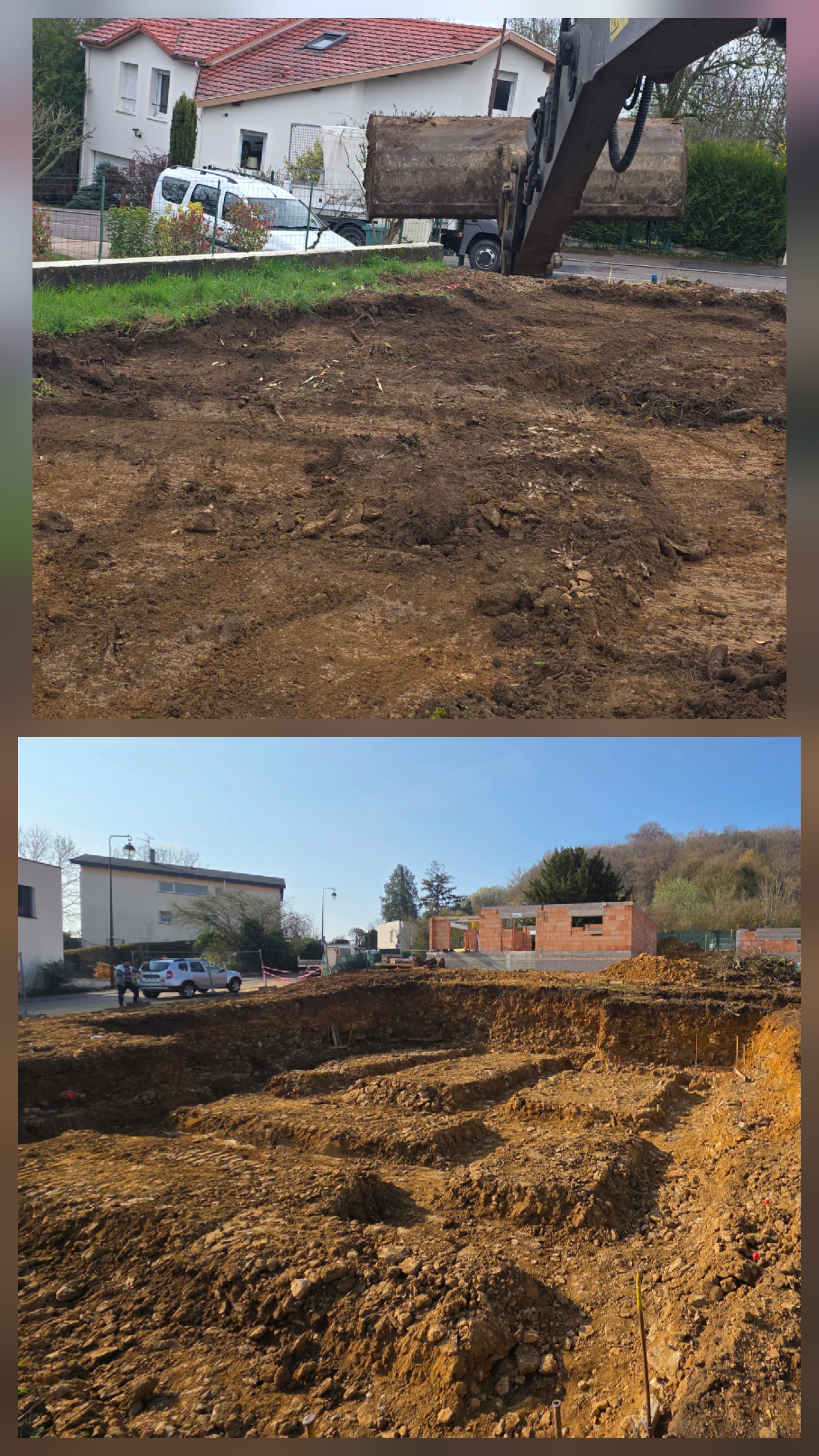 Terrassement et fondations construction neuve en Lorraine - pelleteuse decapage terrain en pente