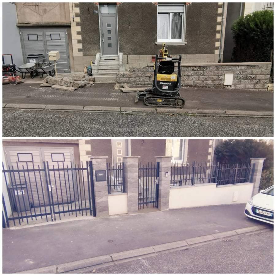 Renovation muret et cloture en Lorraine - avant apres muret fini grille metallique bleue piliers pierre portillon boite aux lettres