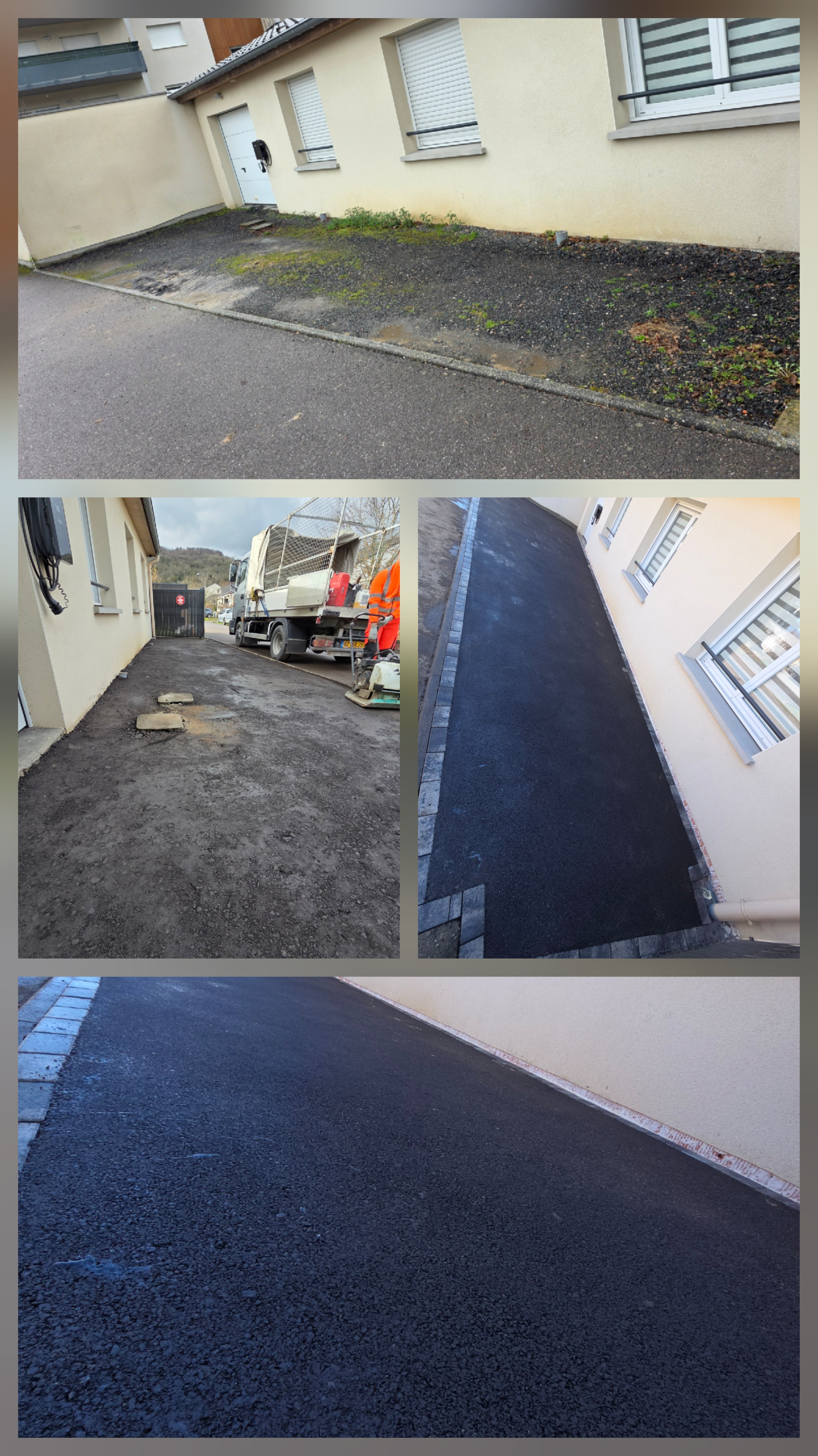 Pose enrobe allee residentielle en Lorraine - avant apres camion ouvrier bordure pave