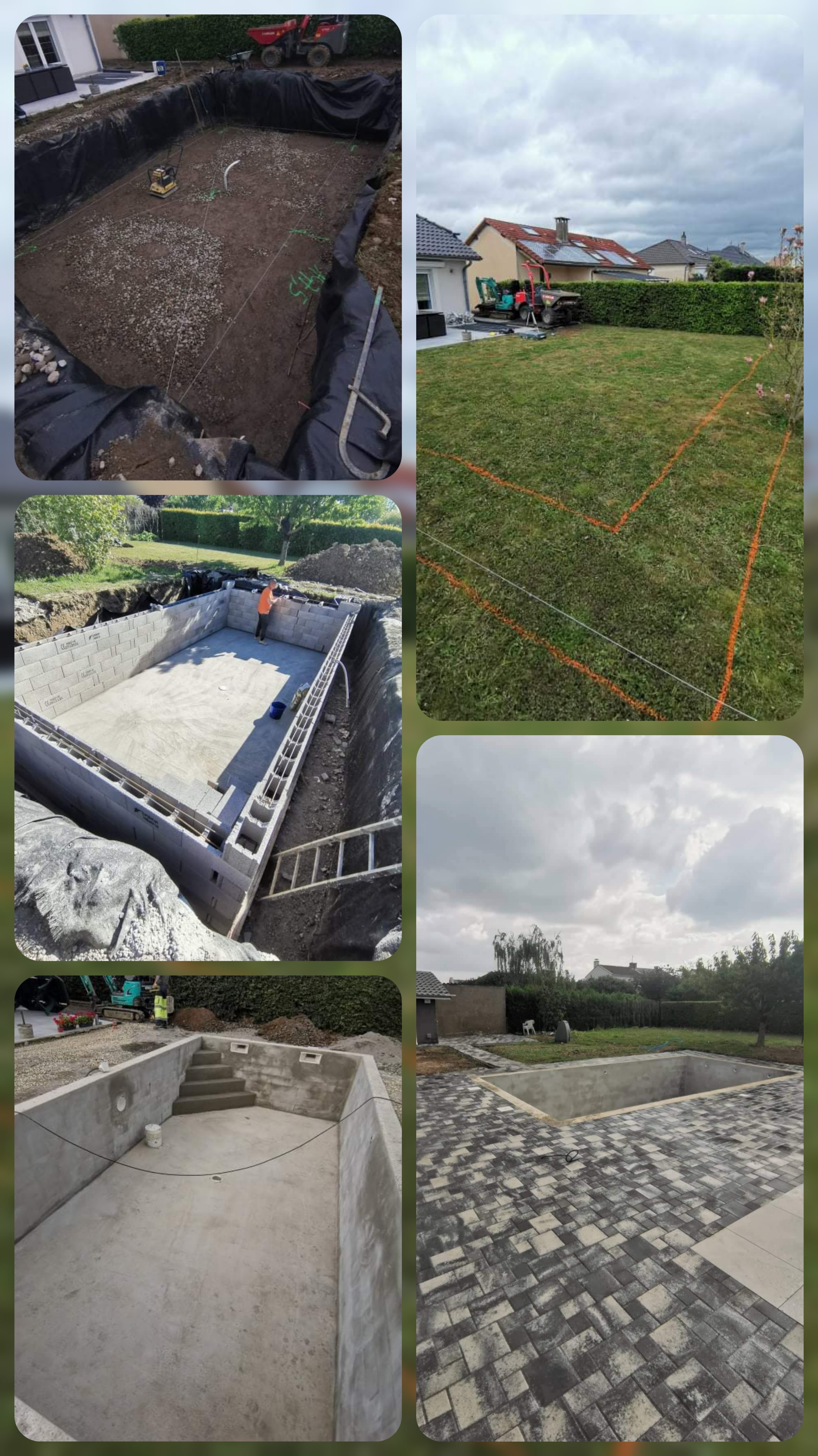 Construction piscine en Lorraine - terrassement macon parpaings beton coule pave autour bassin