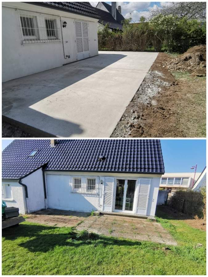 Dalle beton lisse terrasse en Lorraine - avant apres jardin transforme en grande terrasse avec allee