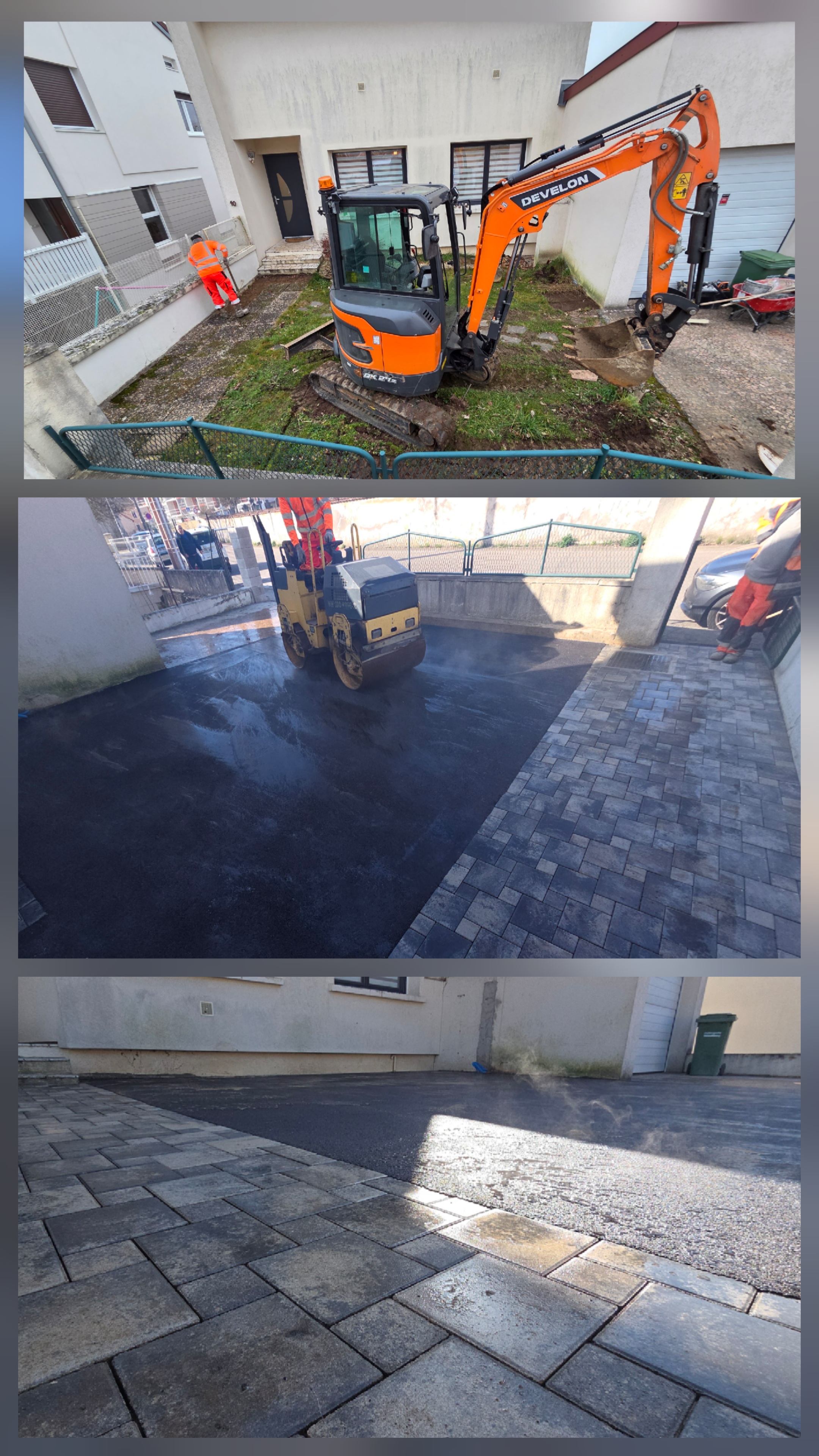 Terrassement enrobe et pave en Lorraine - mini-pelle Develon rouleau compacteur finition