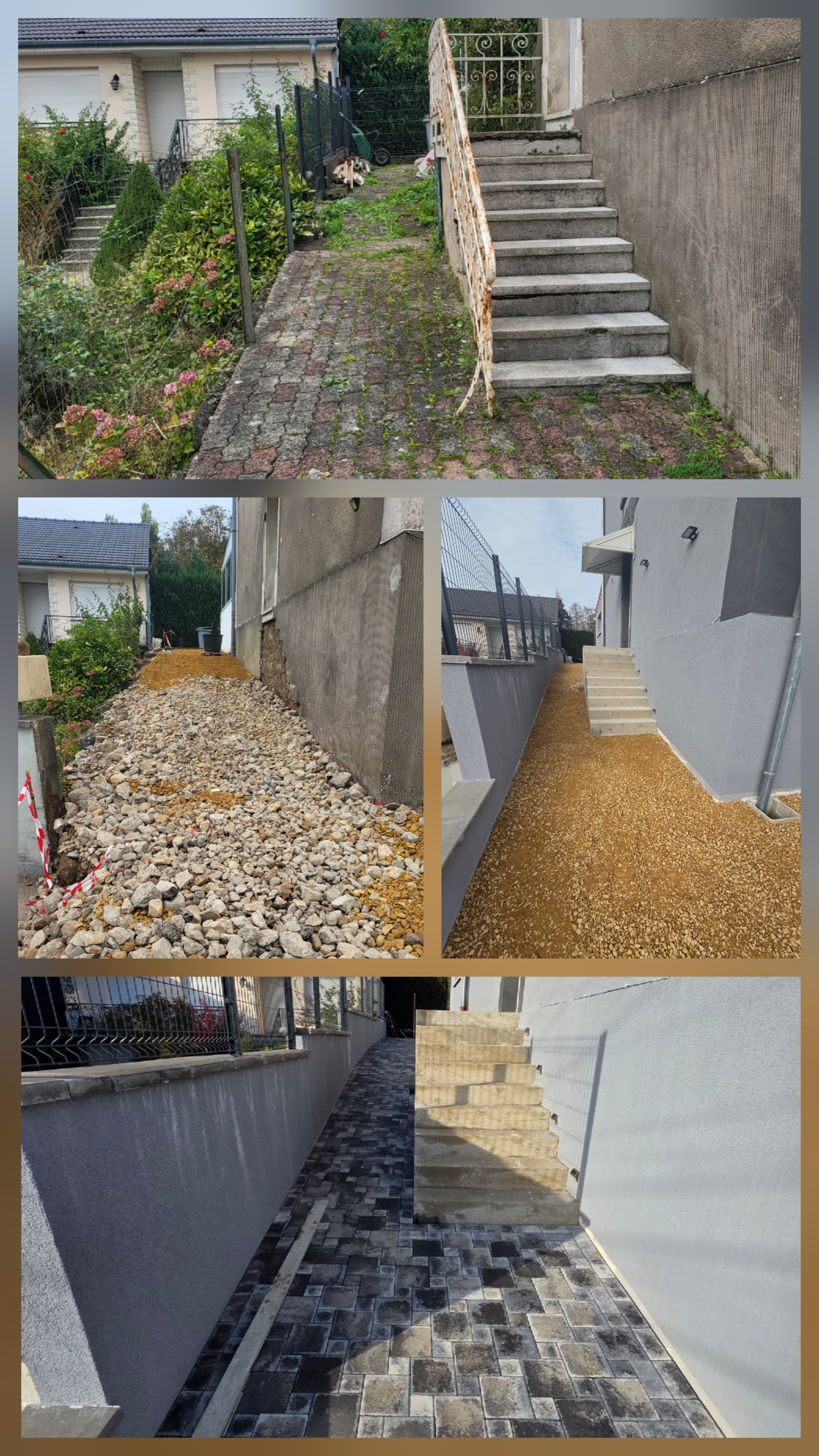 Amenagement exterieur pave en Lorraine - avant apres pave gris noir escaliers pierre murets crepis allee gravillonnee