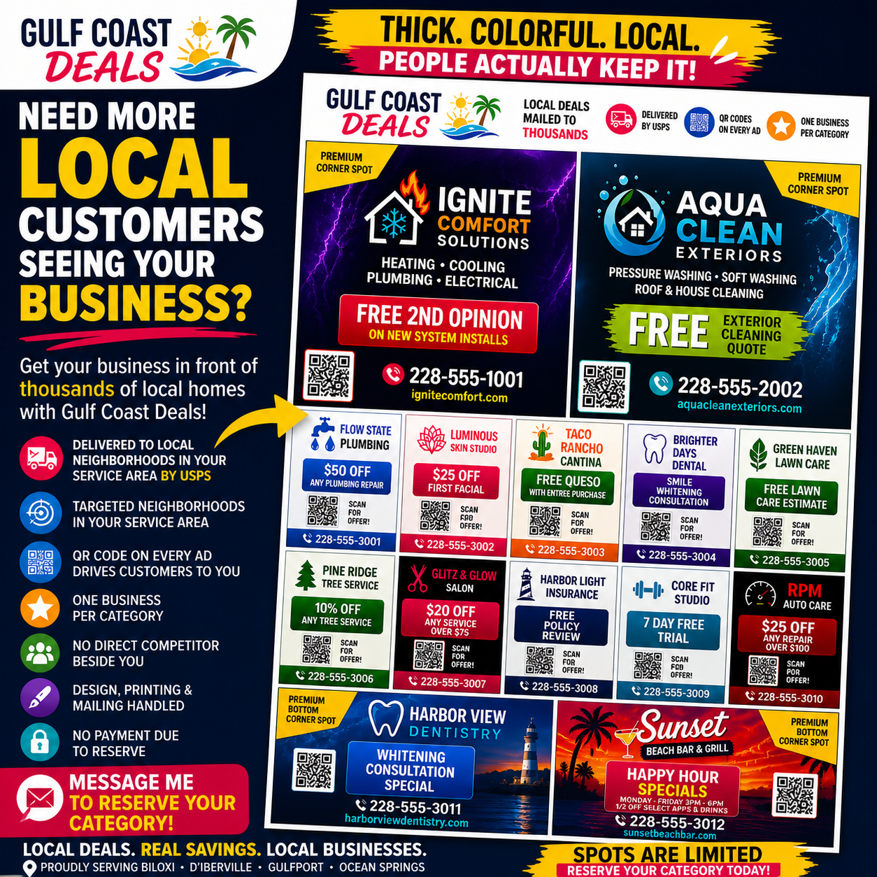 Gulf Coast Deals mailer preview showing premium corner spots, standard ad grid, QR codes, and local business deals