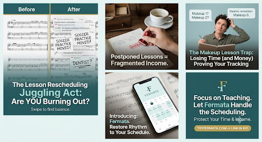 Collage showing scheduling chaos, makeup lesson tracking, and Fermata's studio management solution