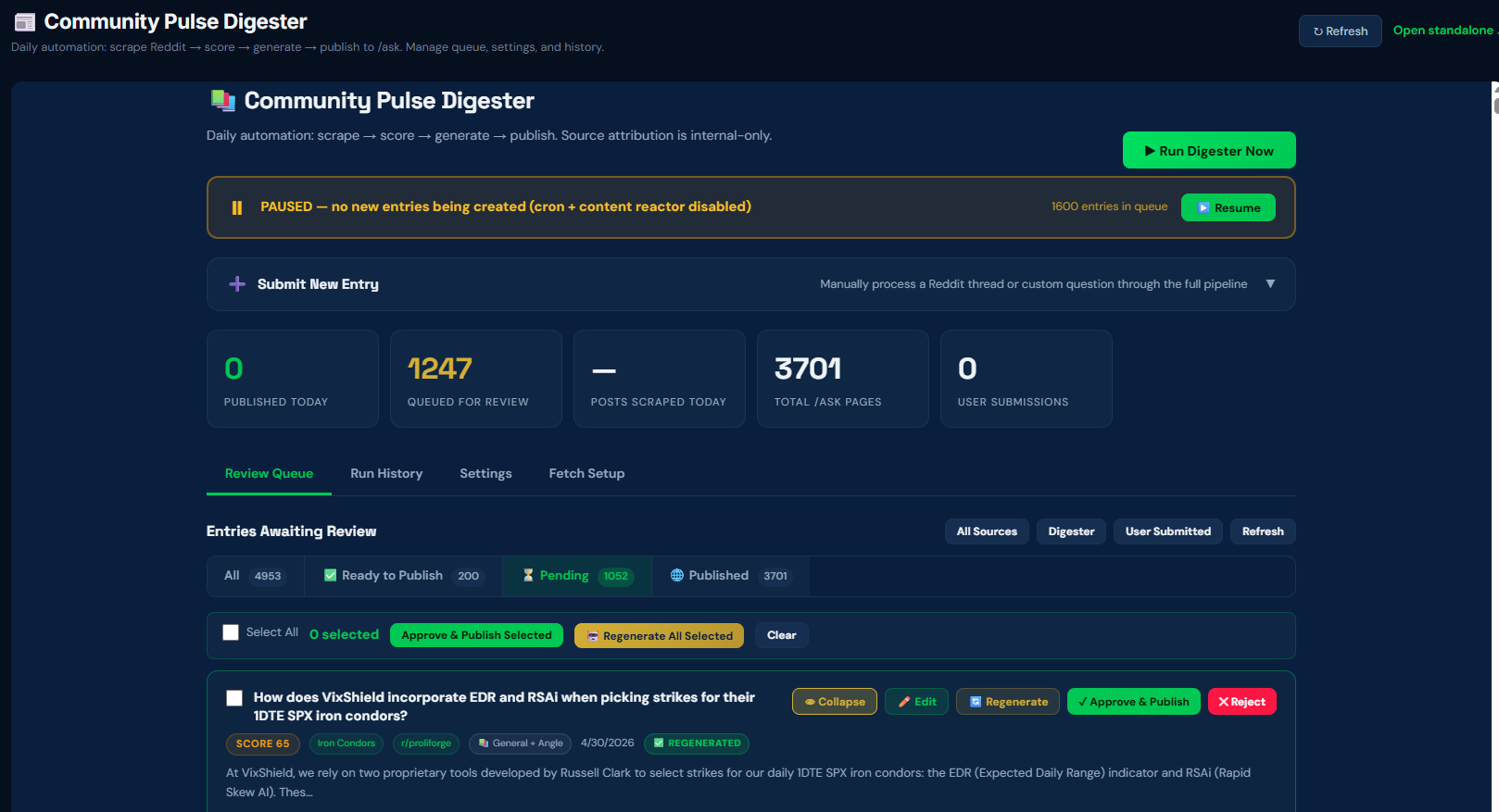 Community Pulse Admin dashboard — Proliforge page engine