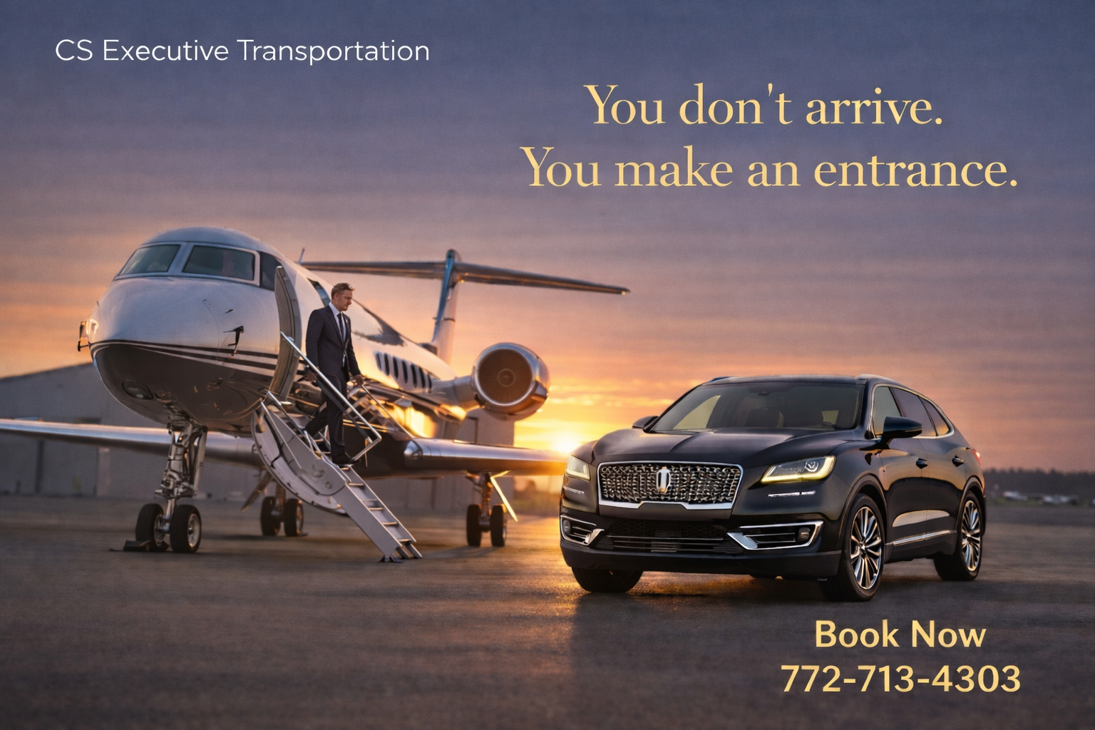 Lincoln at private jet tarmac at sunset