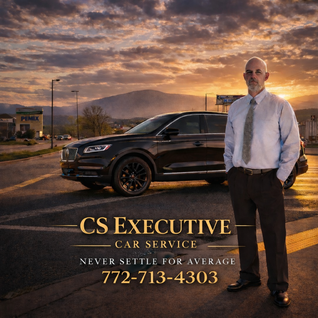 Professional driver standing with Lincoln, Smoky Mountains in background