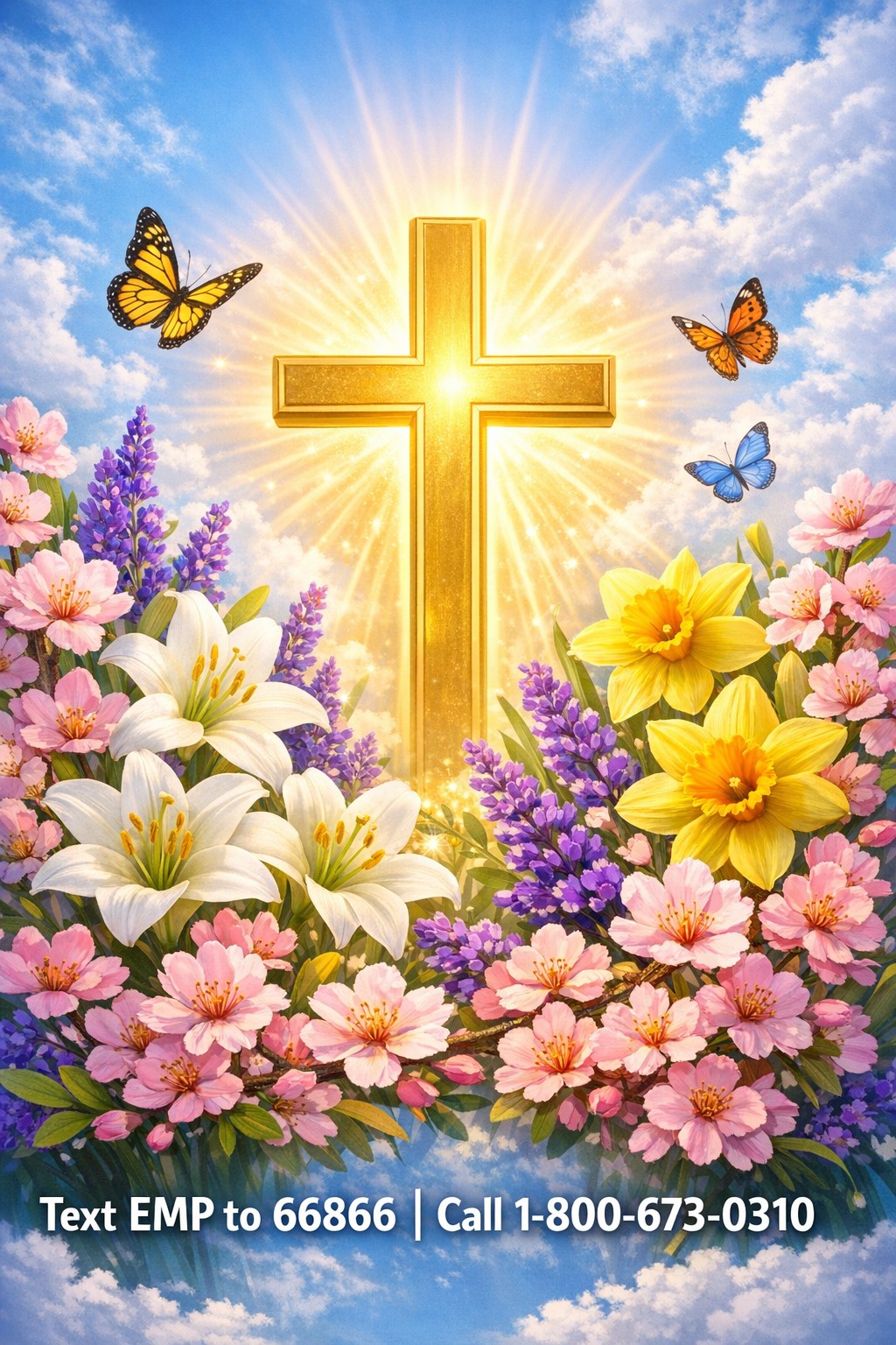 Spring is Here — Golden cross radiating light, surrounded by Easter lilies, daffodils, and butterflies. Text EMP to 66866 | Call 1-800-673-0310