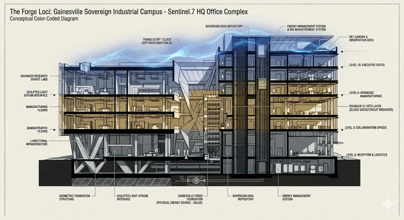 The Forge Loci — Sentinel.7 HQ Campus architectural diagram, Gainesville FL