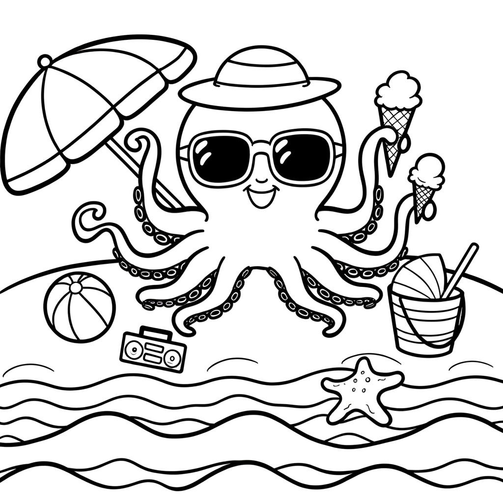 Coloriage Pieuvre Jouant à la Plage gratuit à imprimer