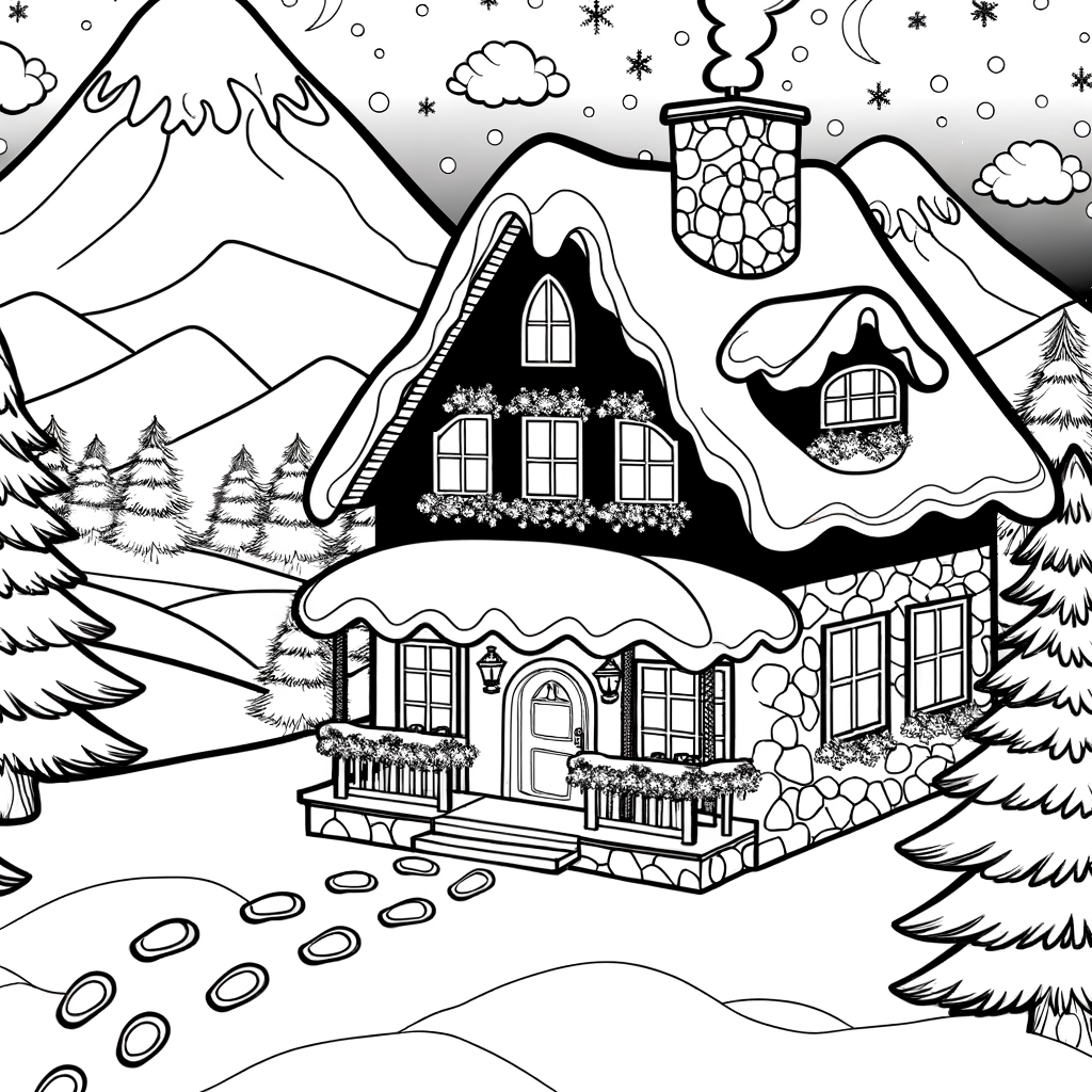 Coloriage Chalet de Montagne Enneigé gratuit à imprimer