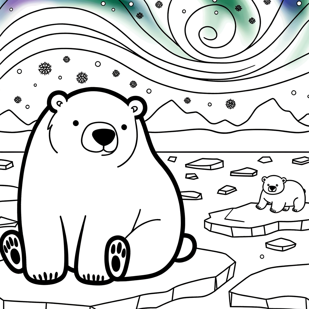 Coloriage Ours Polaire et Aurore Boréale gratuit à imprimer