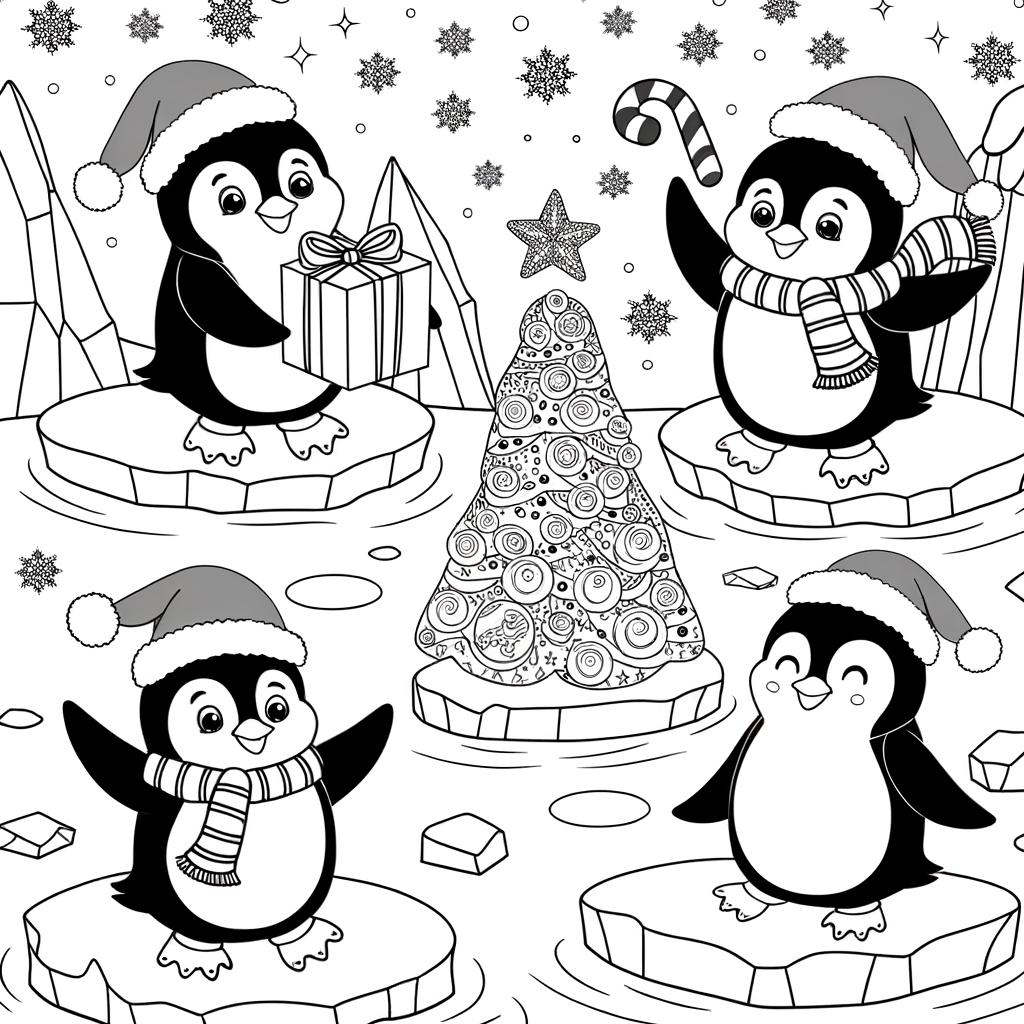 Coloriage Pingouins Fêtant Noël gratuit à imprimer