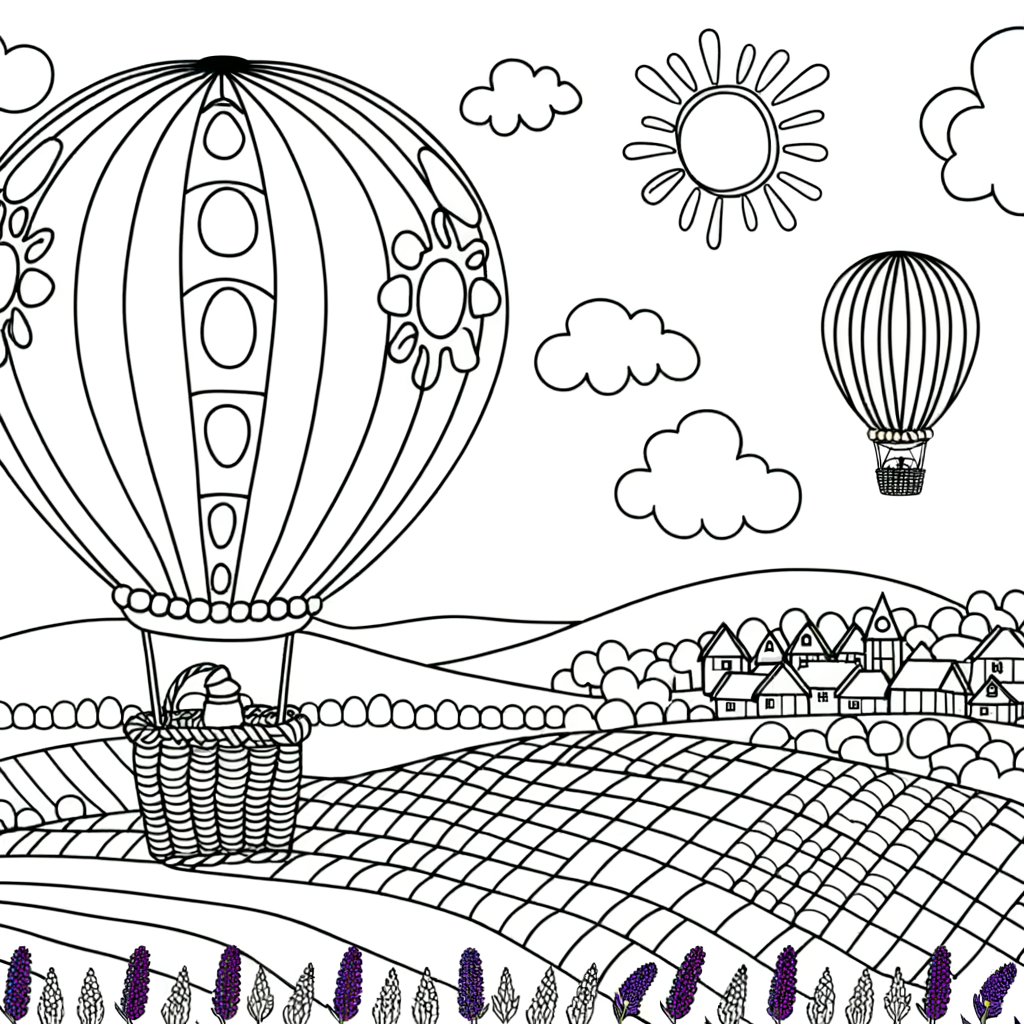 Coloriage Montgolfière au-Dessus des Champs gratuit à imprimer