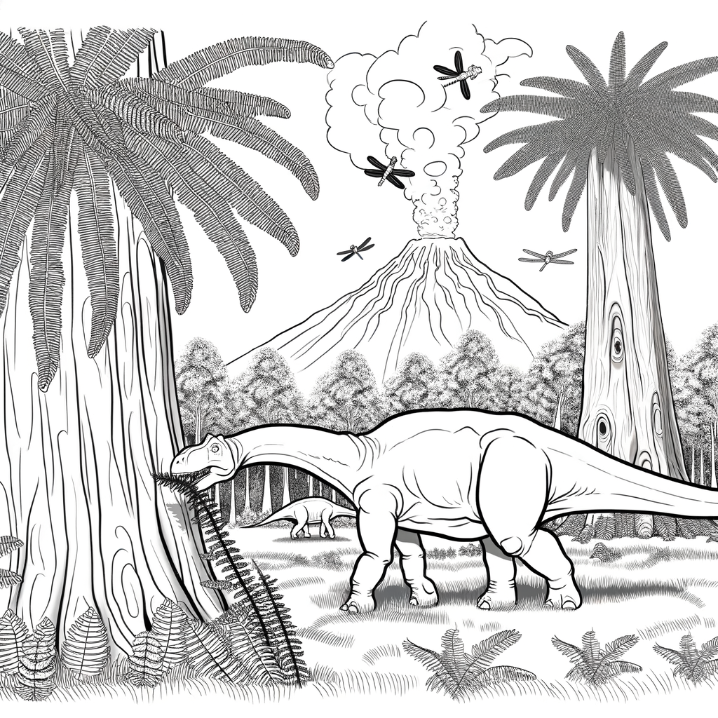Coloriage Dino Géant et Forêt Préhistorique gratuit à imprimer