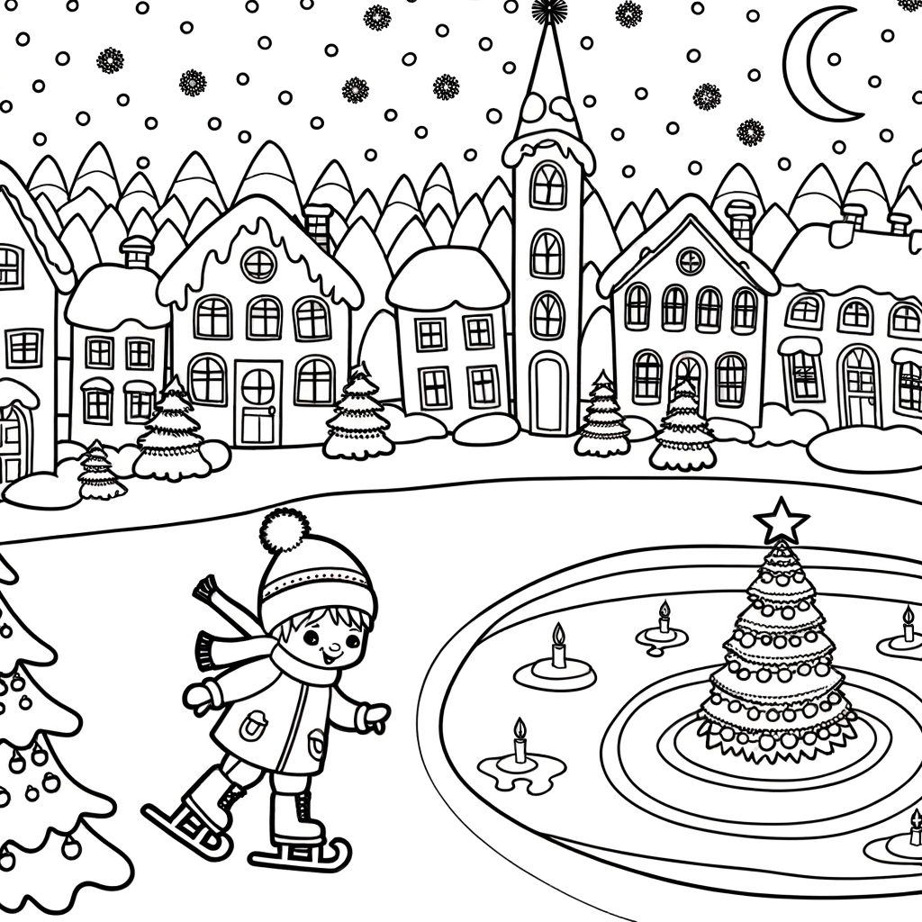 Coloriage Village de Noël Enneigé gratuit à imprimer