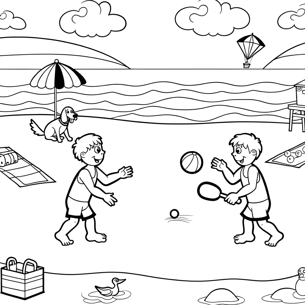 Coloriage Jeux de Plage — Raquettes et Ballon gratuit à imprimer