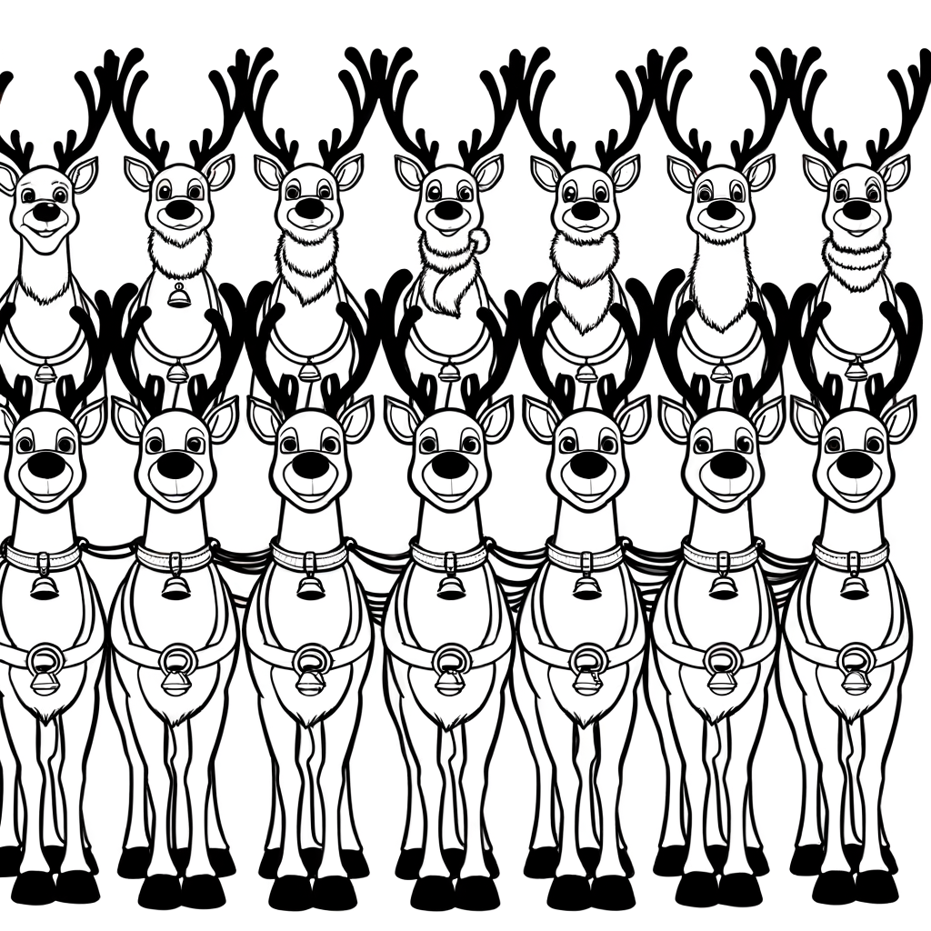 Coloriage Rennes de Noël en Cortège gratuit à imprimer