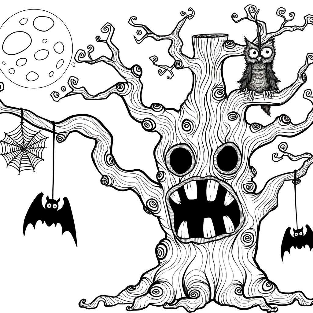 Coloriage Arbre Effrayant avec Yeux gratuit à imprimer