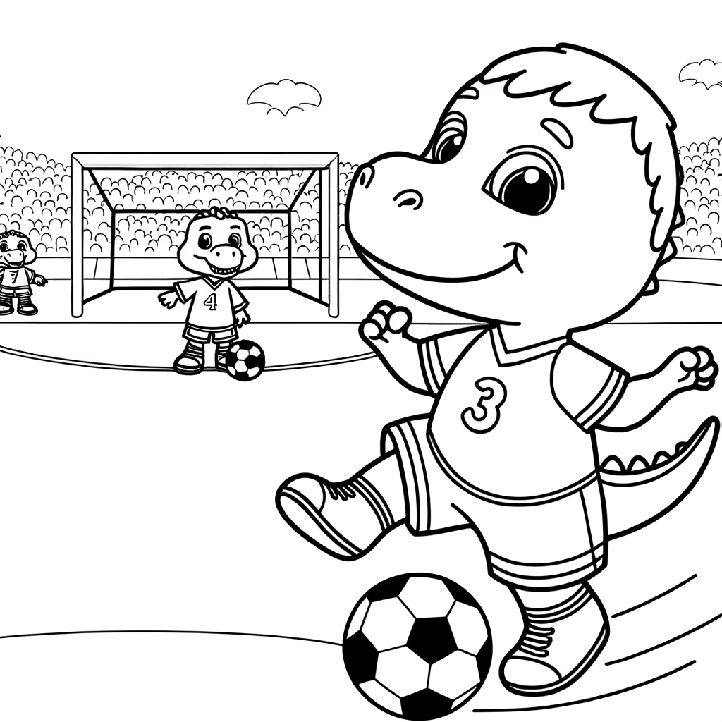 Coloriage Dino Jouant au Football gratuit à imprimer