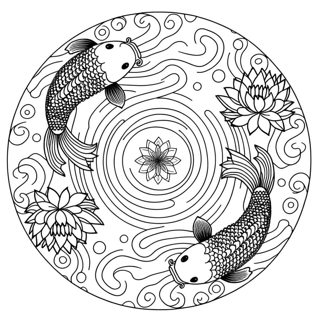 Coloriage Mandala Koï et Lotus gratuit à imprimer