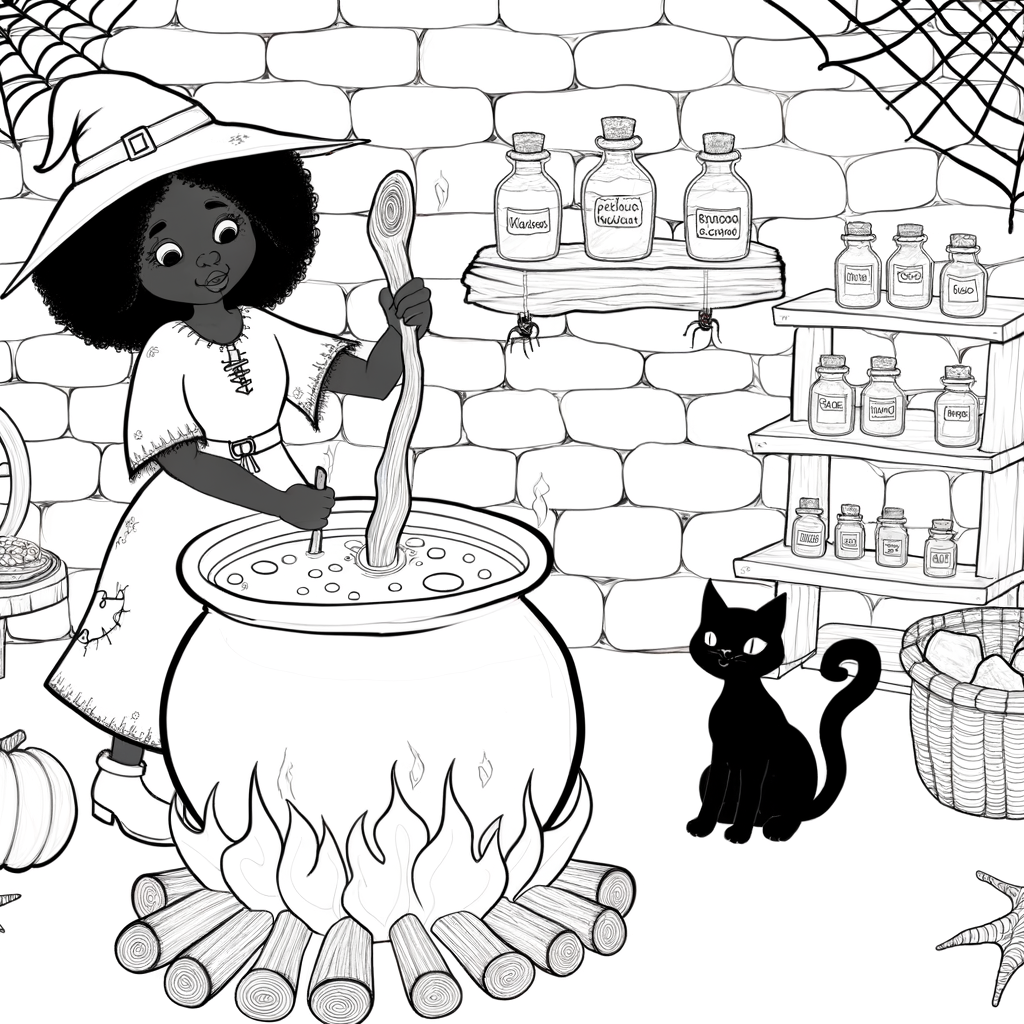 Coloriage Sorcière et Chaudron gratuit à imprimer