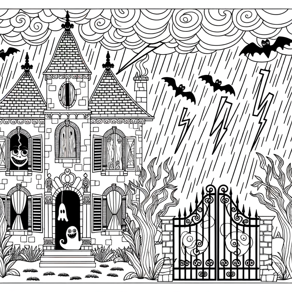 Coloriage Manoir Hanté Sous l'Orage gratuit à imprimer