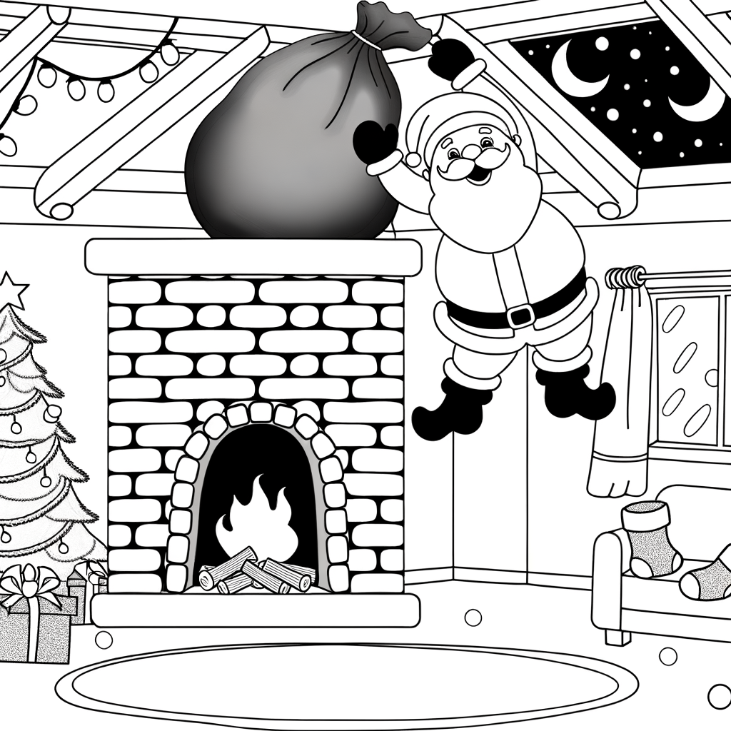 Coloriage Père Noël en Cheminée gratuit à imprimer