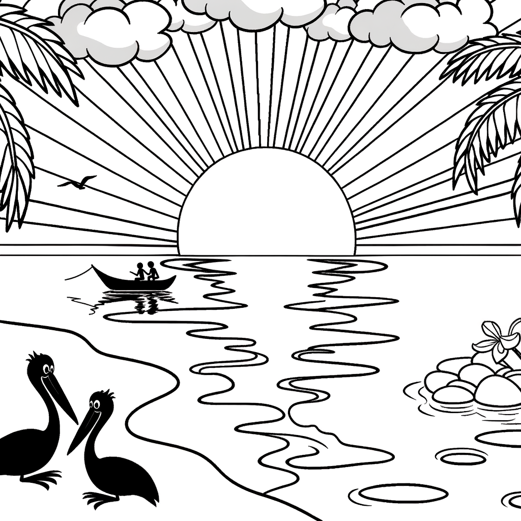 Coloriage Coucher de Soleil sur la Plage gratuit à imprimer
