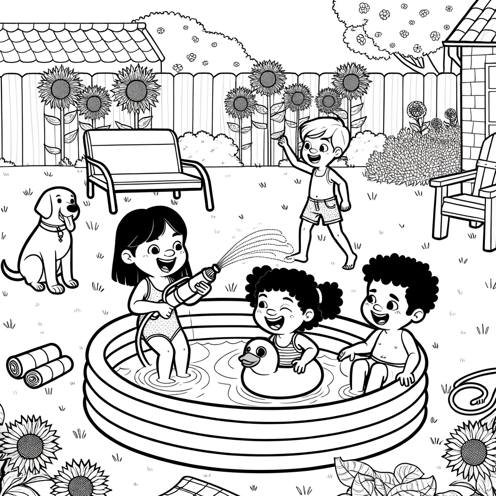 Coloriage Piscine Gonflable dans le Jardin gratuit à imprimer