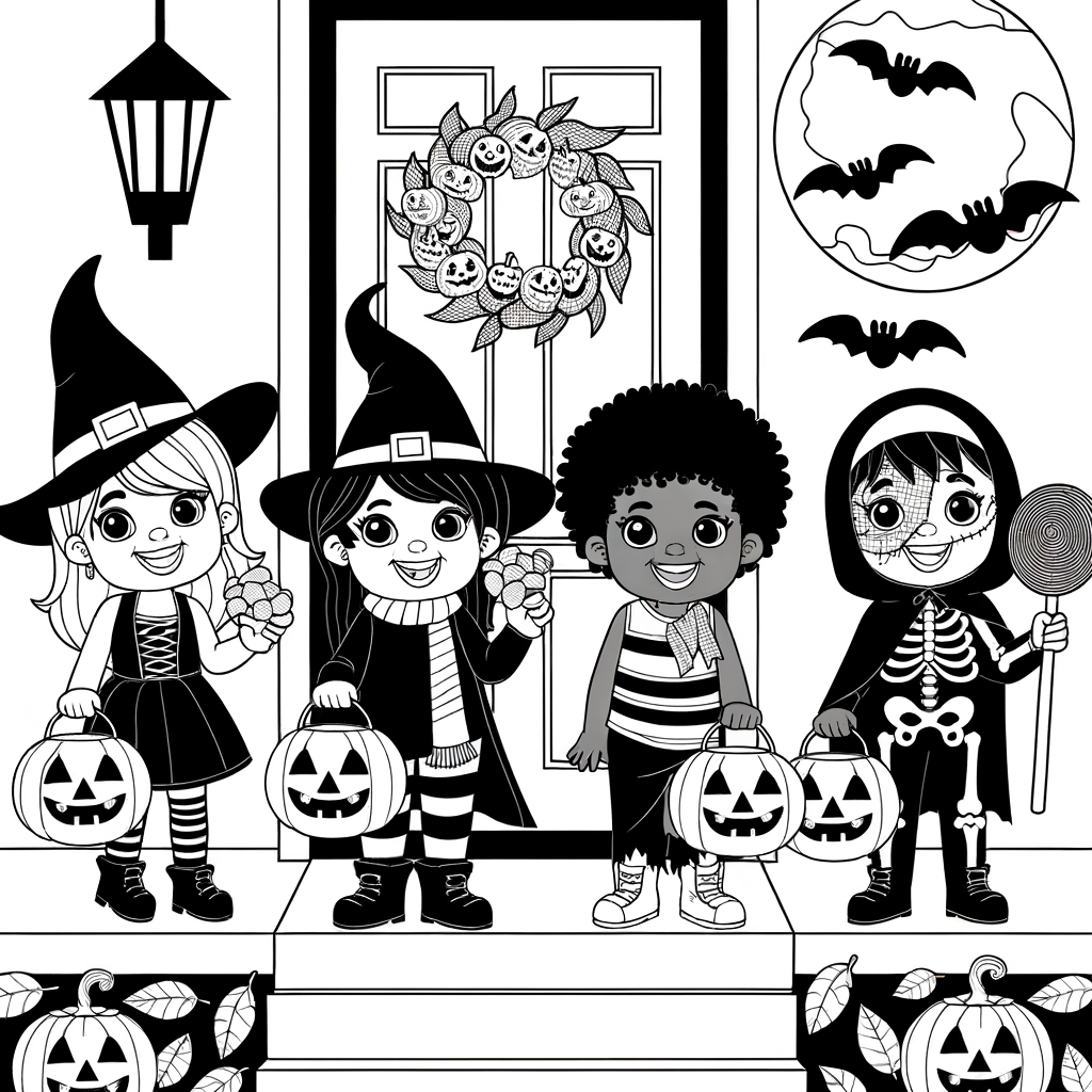 Coloriage Enfants Déguisés Trick or Treat gratuit à imprimer
