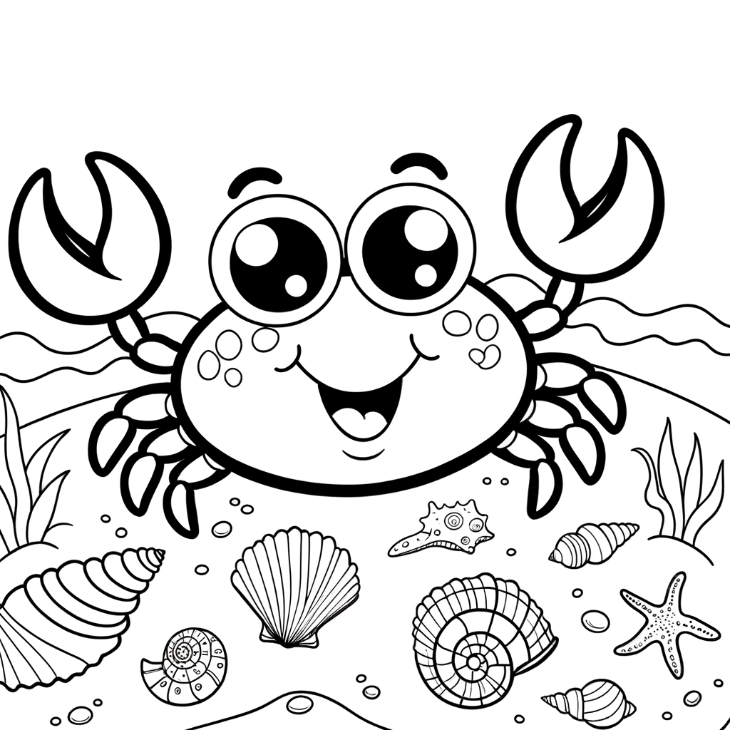 Coloriage Crabe et Coquillages sur la Plage gratuit à imprimer