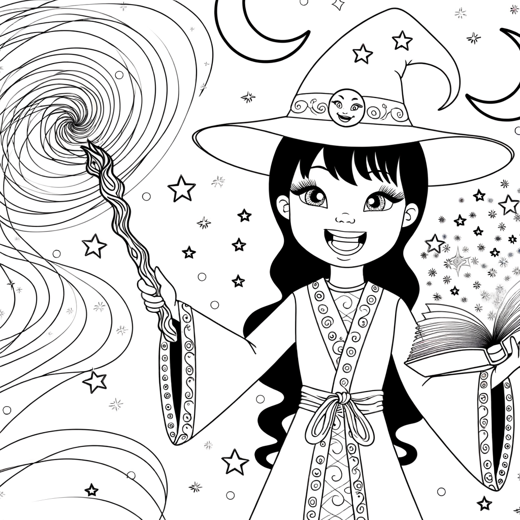 Coloriage Sorcière et sa Baguette Magique gratuit à imprimer
