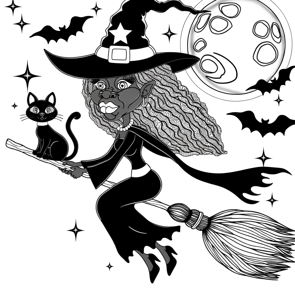 Coloriage Sorcière sur son Balai gratuit à imprimer
