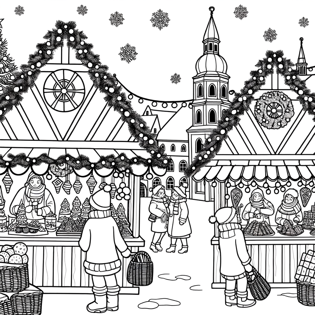 Coloriage Marché de Noël Animé gratuit à imprimer