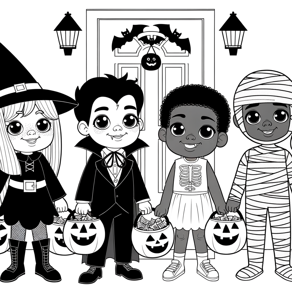 Coloriage Enfants Déguisés en Groupe gratuit à imprimer