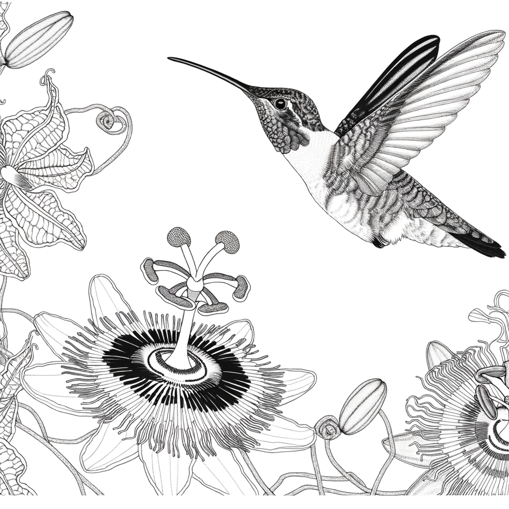 Coloriage Colibri et Fleurs Exotiques gratuit à imprimer
