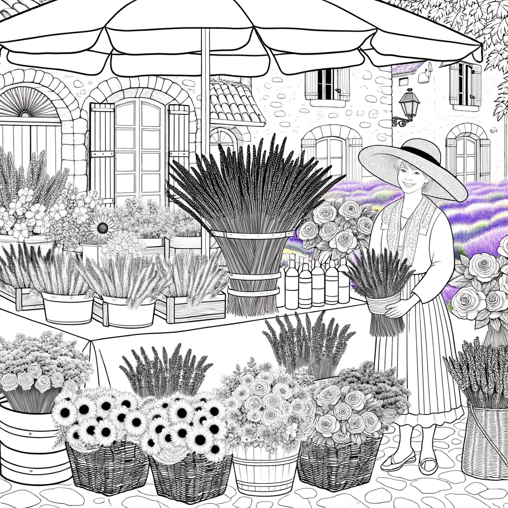 Coloriage Marché de Fleurs de Provence gratuit à imprimer